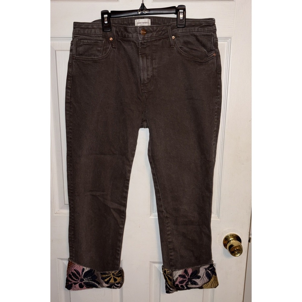 Driftwood Collette 33 Brown Denim Embroidered Cuffed Cropped Jeans